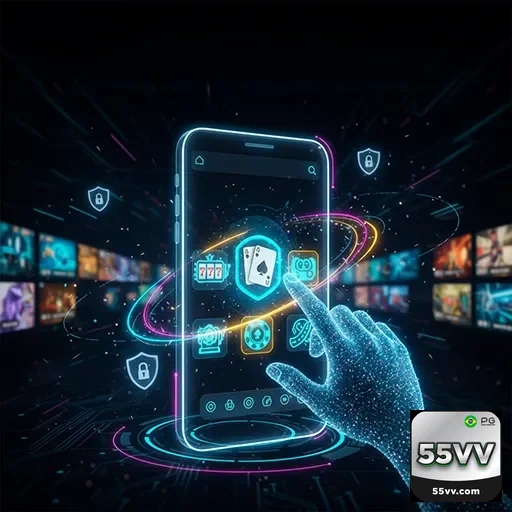 Imagem da interface do aplicativo 55vv exibindo funcionalidades principais, destacando o site 55vv para facilitar o uso.