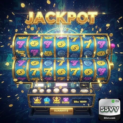 Imagem de uma máquina caça-níqueis do 55vv Slots com cores vibrantes e símbolos de jogos de azar, destaque do site 55vv.