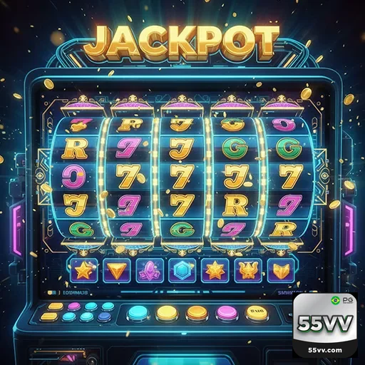 Imagem de um jogo de caça-níqueis no site 55vv, com símbolos coloridos e detalhes vibrantes de slots.